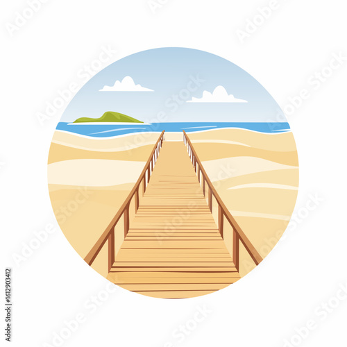 Boardwalk extends over sand dunes to reach the ocean on a summer day