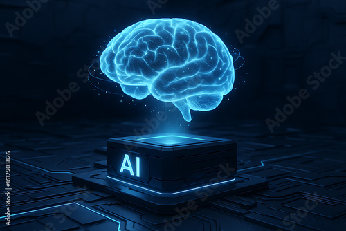 3D rendering of artificial intelligence digital brain and neural network chip on futuristic circuit board, representing deep learning, big data analysis, and advanced AI processing
