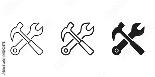 Crossed Hammer And Wrench Line And Solid Icon Set. Construction, Repair, And Maintenance Tools Outline And Silhouette Symbol Collection. Diy And Handyman Services. Isolated Vector Illustration