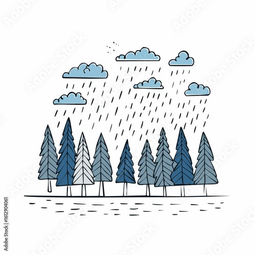 Gloomy weather over a tranquil forest of coniferous trees