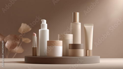 Wallpaper Mural Cosmetics Display: Group of makeup products presents a minimal, elegant aesthetic, perfect for beauty marketing, web use, and design projects. Torontodigital.ca