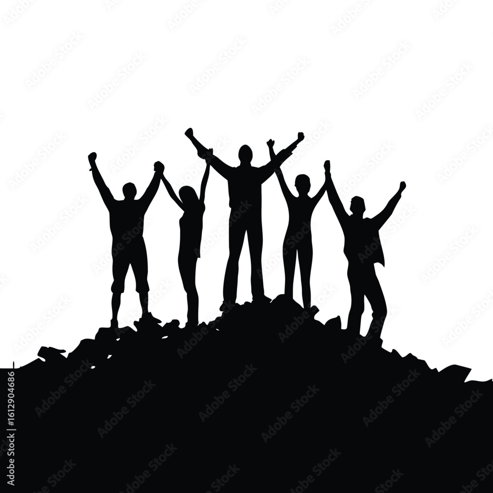 Fototapeta premium Victorious Mountaineers Silhouette Against White Sky A Symbol of Teamwork, Achievement and Overcoming Challenges in Nature's Majestic Landscape