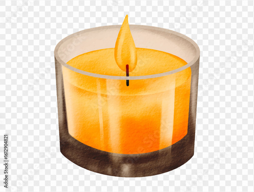 Watercolor orange candle in transparent glass vector.
