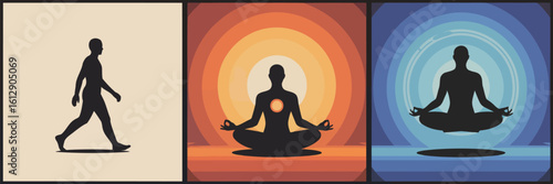 Serene Mindscape: A stylized triptych portrays the journey towards inner peace, with figures representing walking, meditation, and transcendence.