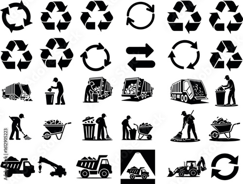 Collection of recycling and waste management icons and illustrations