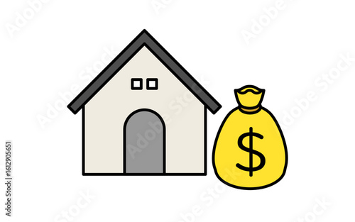 一軒家とお金の袋で住宅ローンのシンプルな線画アイコン