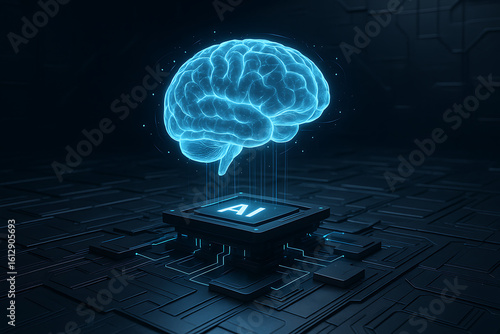 3D rendering of artificial intelligence digital brain and neural network chip on futuristic circuit board, representing deep learning, big data analysis, and advanced AI processing
