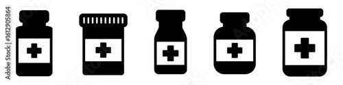 Medical bottle with a cross symbol  icons set.