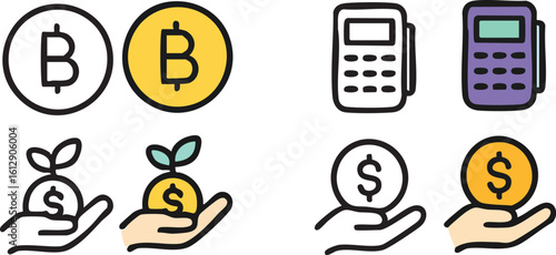 Set of handdrawn finance and cryptocurrency icons.
