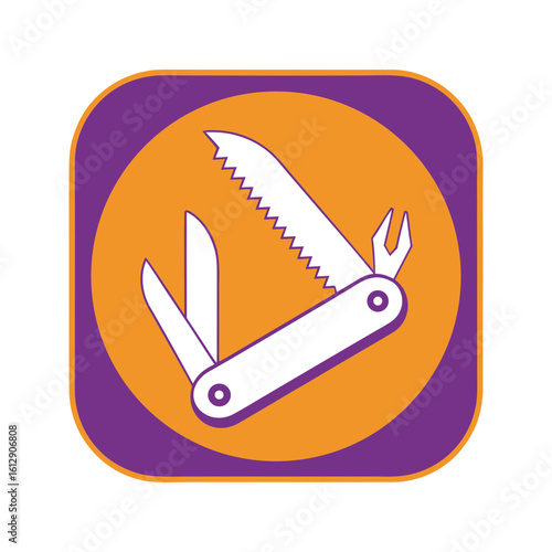 Multi Tool Knife Icon with Screwdriver and Saw. Camping Utility Symbol.