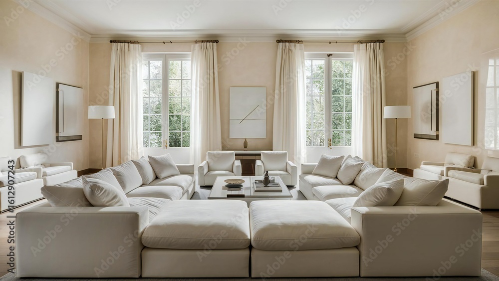 Fototapeta premium Elegant and spacious living room with plush sofas and natural light