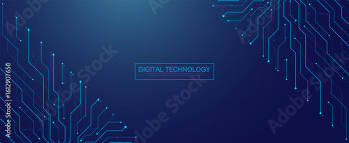 Motherboard technology circuit board texture design. Creative idea AI banner concept for internet technology. Digital motherboard concept for poster, cover, banner, header, web presentation template.