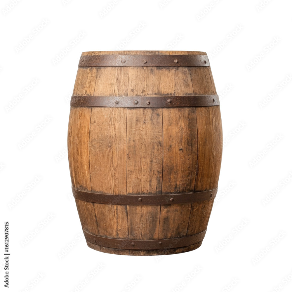 Fototapeta premium Classic oak storage barrel with metal bands, perfect for rustic decor and storage solutions