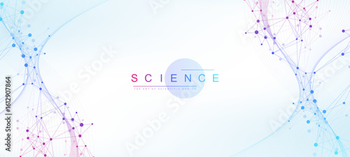 Colorful molecules background with DNA helix, DNA strand, DNA Test. Molecule or atom, neurons. Abstract structure for science, healthcare or medical background, banner. Scientific vector illustration