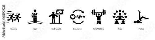 Strength training web banner icon vector illustration with injury risk, bodyweight control, lifting weights, yoga flow, pilates exercise, treadmill run, and repetition cycle.