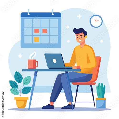 Cartoon business people sitting at desks with laptops in an office