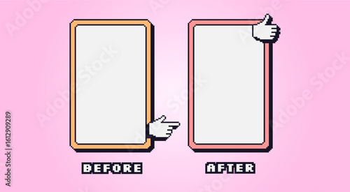Before and after pixel game template. Rectangle frames for photo comparison. Competition layout borders with vibrant y2k 90s decoration. Empty vs challenge. Vector background illustration.