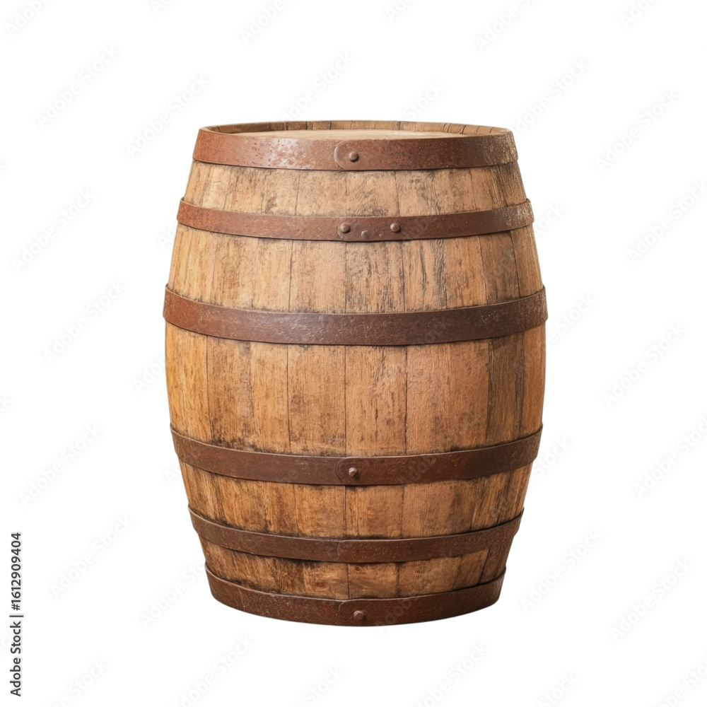 Obraz premium Classic oak storage barrel with metal bands, perfect for rustic decor and storage solutions