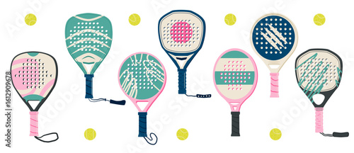 Padel tennis rackets and balls isolated. Various shapes palas equipment set. Diamond, round and teardrop shapes sports accessories collection. Vector flat illustration on white background.