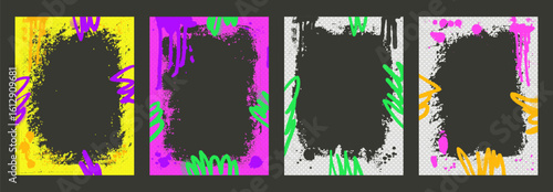Grunge halftone frame for photo templates with arrow. Graffiti spray art layout backgrounds set en neon colors. Borders with airbrush paint lines. Retro posters overlay. Vector hip hop wall cadre.