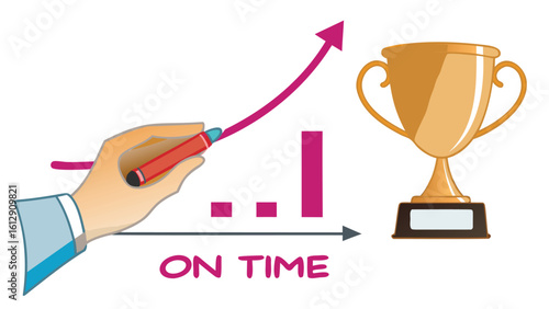 Illustration of a hand drawing a graph with an upward arrow and a trophy symbolizing success