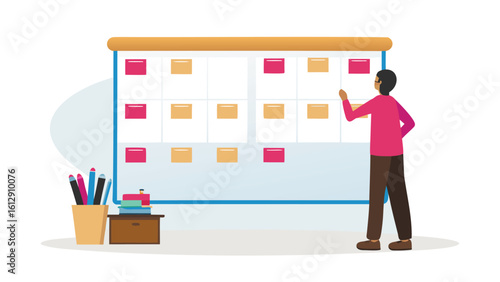 Illustration of a person pointing at a calendar board with notes in a workspace setting indoors