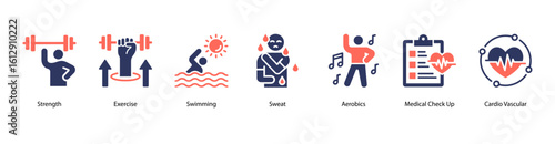 Aerobic fitness web banner icon vector illustration with exercise routines, swimming, sweat effort, aerobics class, medical check up, cardiovascular focus, and running activity.