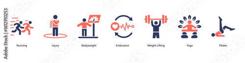 Strength training web banner icon vector illustration with injury risk, bodyweight control, lifting weights, yoga flow, pilates exercise, treadmill run, and repetition cycle.