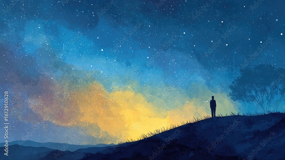 A person stands on a hilltop, gazing at a vast, starlit sky during dusk. Vibrant colors blend as day transitions to night, creating a serene atmosphere. A person stands on a hilltop, gazing at a vast, starlit sky during dusk. Vibrant colors blend as day transitions to night, creating a serene atmosphere.