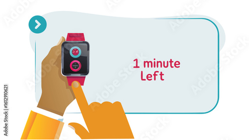 Hand touching a smart watch with one minute left displayed on the screen in a digital illustration