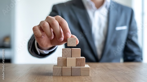 Business Strategy Construction with Wooden Blocks Businessman Building Pyramid for Success and Stability Demonstrating Leadership Vision and Structured Planning in Corporate Growth