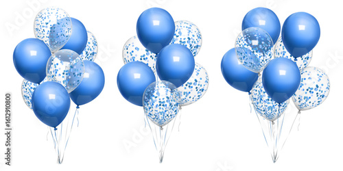 3d balloon bunch float, minimal happy birthday gift. Vector realistic blue mockup on white bg, Party mid air decor, isolated invitation design element. Anniversary round decoration balls, bday glossy