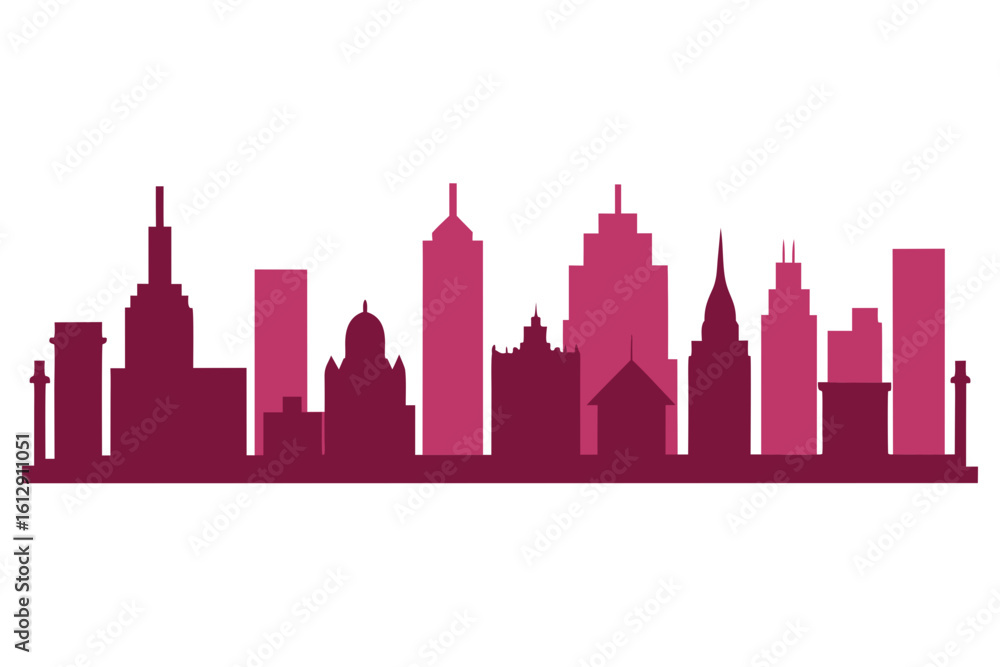 Fototapeta premium Modern city skyline silhouette with pink and burgundy buildings