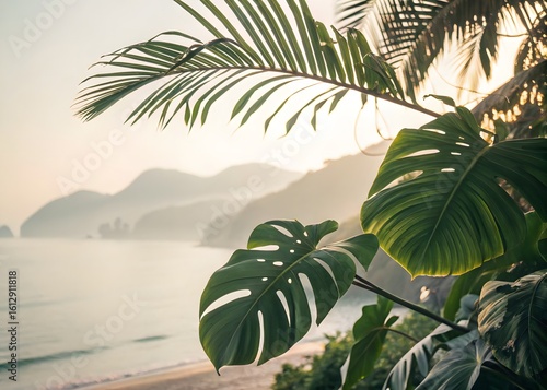 Tropical Plants Framing Misty Shoreline Landscape with Warm Light