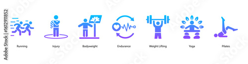 Strength training web banner icon vector illustration with injury risk, bodyweight control, lifting weights, yoga flow, pilates exercise, treadmill run, and repetition cycle.