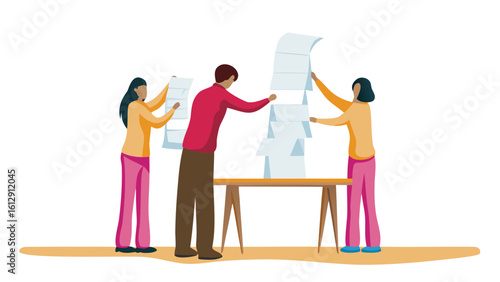 People stacking a tower of papers on a table with two other people holding other papers nearby