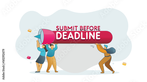 Cartoon people holding a deadline banner with a rocket and text submit before deadline in pink and red tones