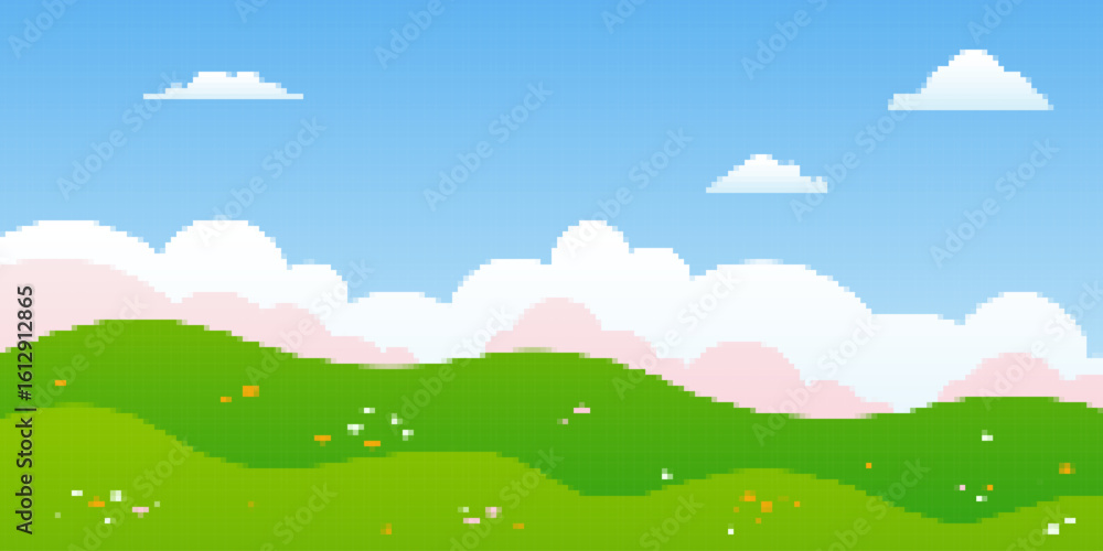 Fototapeta premium Cute summer landscape in pixel art style. Green flat scenery with cloud sky, meadow and flowers.