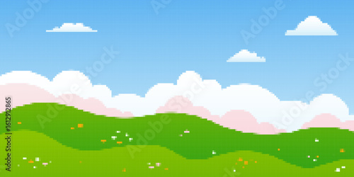 Cute summer landscape in pixel art style. Green flat scenery with cloud sky, meadow and flowers.
