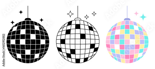 Disco ball icon set. Outline, black and color symbols