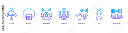Strength and fitness web banner icon vector illustration with six pack training, kettlebell workout, wellness habits, daily motivation, fat reduction, dumbbell lifting, and building strength.