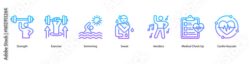 Aerobic fitness web banner icon vector illustration with exercise routines, swimming, sweat effort, aerobics class, medical check up, cardiovascular focus, and running activity.