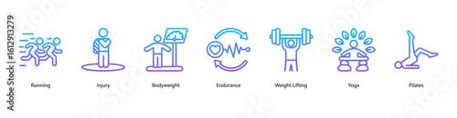 Strength training web banner icon vector illustration with injury risk, bodyweight control, lifting weights, yoga flow, pilates exercise, treadmill run, and repetition cycle.