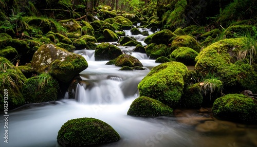 Serene Forest Stream Flowing Over MossCovered Rocks with Nature Landscape.