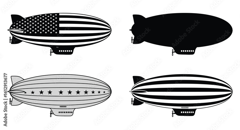 Fototapeta premium Four Airship Illustrations Black and White Designs