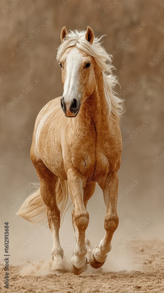 Obraz premium Majestic golden horse running gracefully through sandy backdrop under warm sunlight