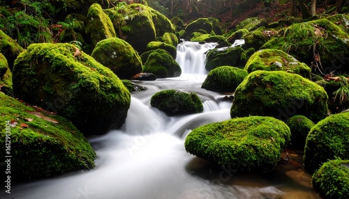 Serene Forest Stream MossCovered Rocks with Cascading Water, and Natures Tranquility.
