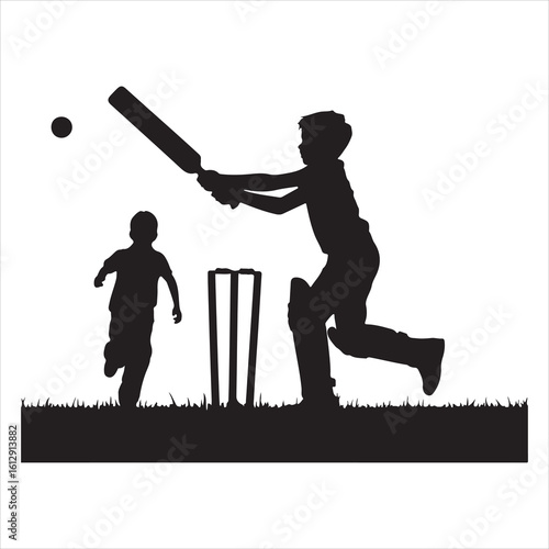 On white background silhouette image of two boys playing cricket