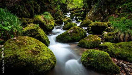 Serene Mountain Stream Flowing Through Mossy Rocks in Lush Forest.