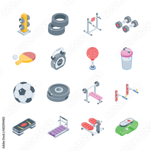 Ready to use pack of fitness and gym equipment isometric icons